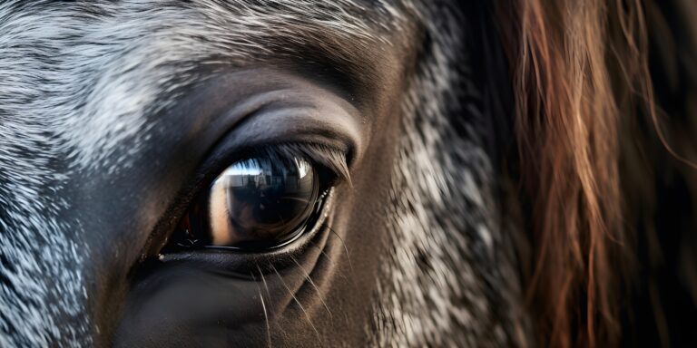 Andalusian black horse with long mane. Portrait close up, eye, ears, looking at the camera, natural background