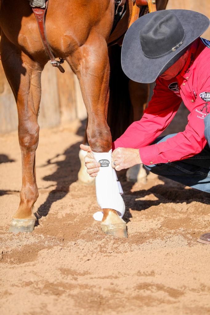 Brad Barkemeyer applying a Weaver Leather sport boot to his horse's front legs, talking about the importance of good tack and gear.