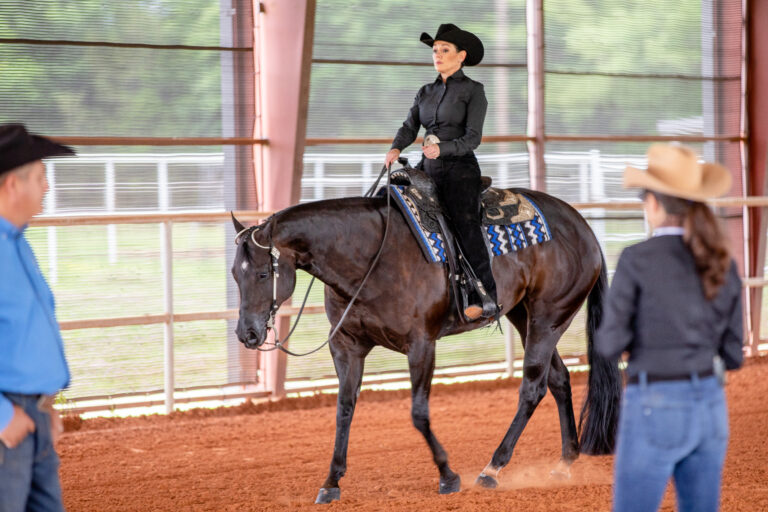 A horsemanship rider extends the jog with Will and Elizabeth Knabenshue.