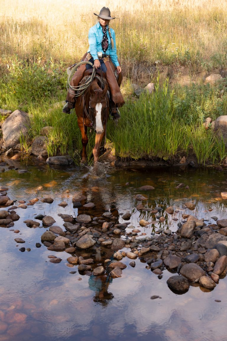 Rider is crossing a river on a trail with a sorrel horse.