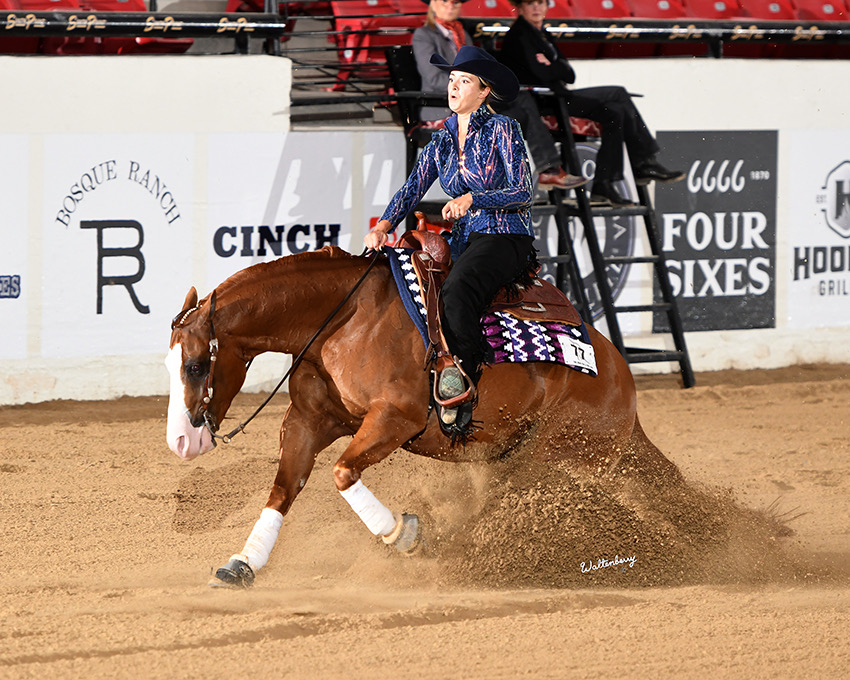 Kirsten Ziegler competes at one of the industry's top events, The Run For A Million Rookie Championship, with her horse Gunnaout Shine Ya.