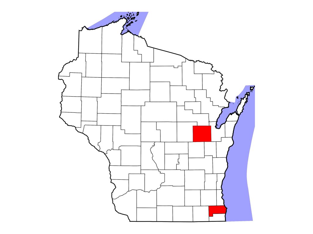 Map of Wisconsin highlighting Racine and Outagamie counties, where two horses have strangles
