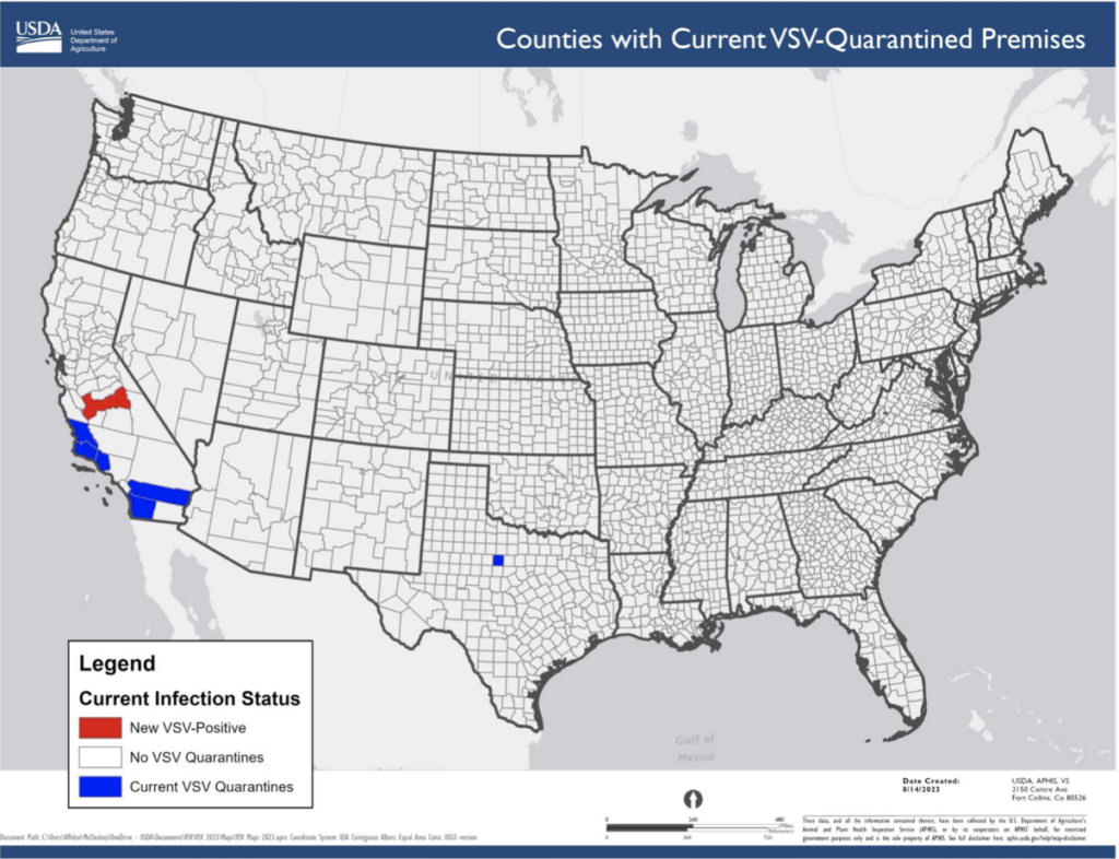 Twelve new vesicular stomatitis-affected premises have been identified in California across four different counties. 