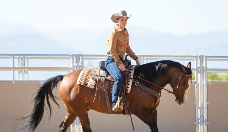 Woman riding bay horse in an arena
