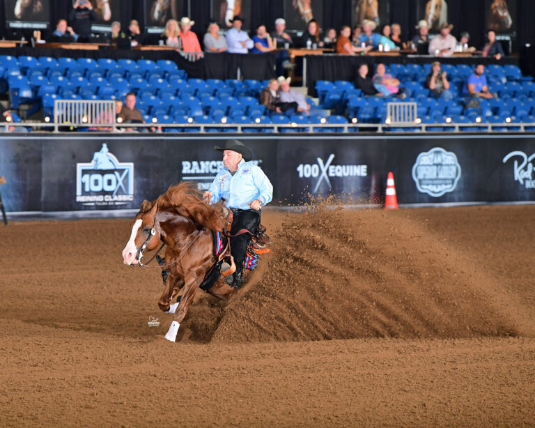 A reining horse and rider perform a sliding stop in an indoor arena, dirt flying as the horse digs into the ground with the crowd watching from the stands