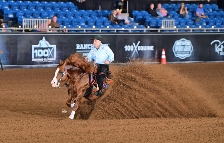 A reining horse and rider perform a sliding stop in an indoor arena, dirt flying as the horse digs into the ground with the crowd watching from the stands