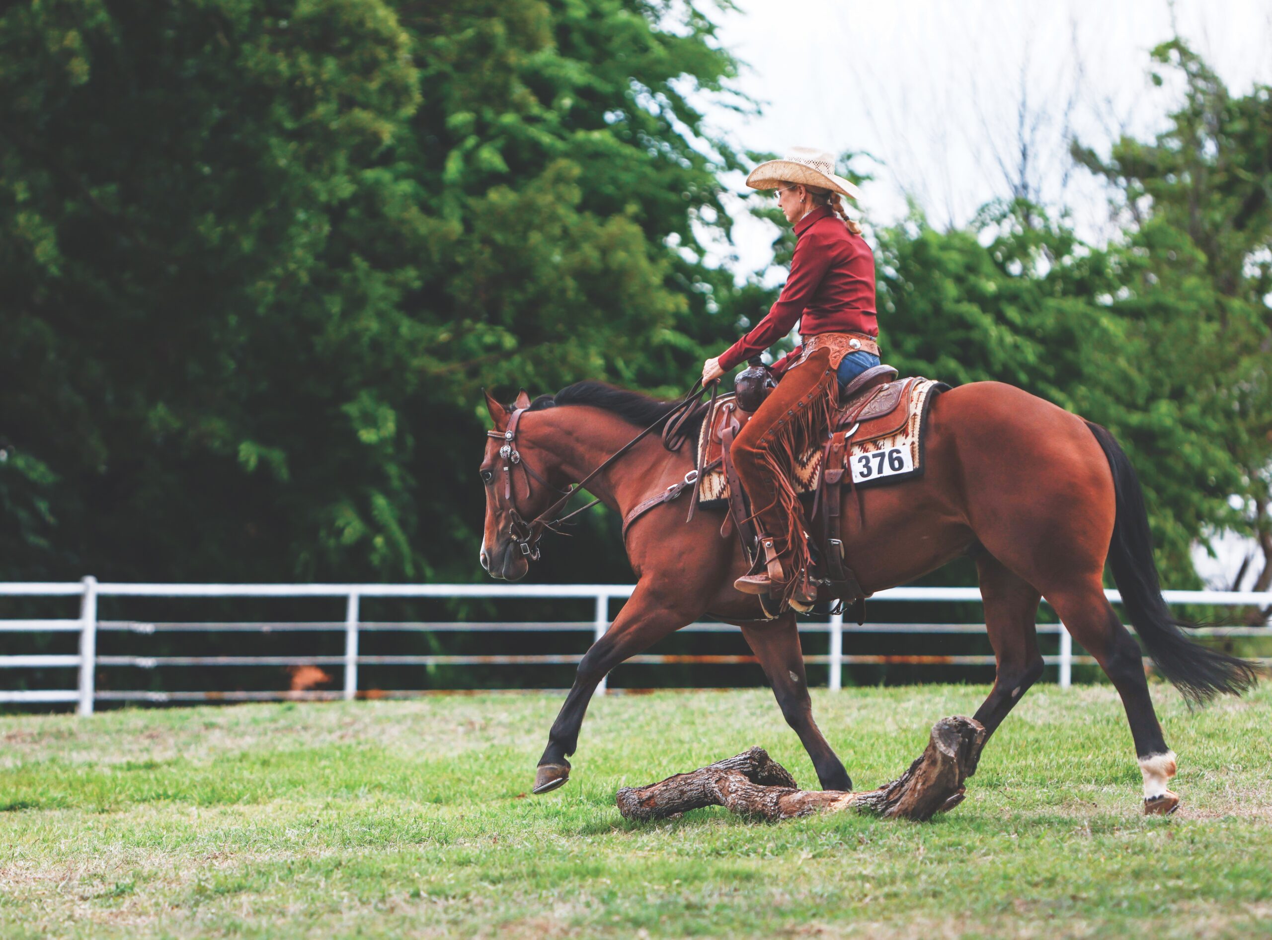 A ranch riding competitor trots her bay horse over a log in a grass arena