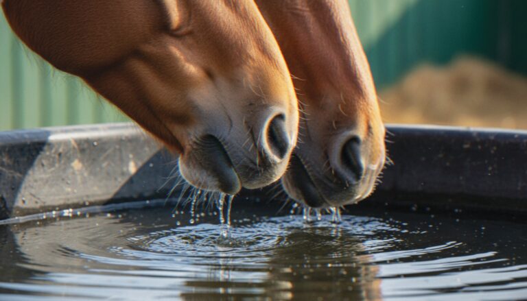 A horse drinking fresh water to stay hydrated and prevent impaction colic