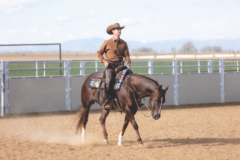 Cody Crow trots a chestnut horse about 50 feet off the arena rail during the Rabbit Ears Drill