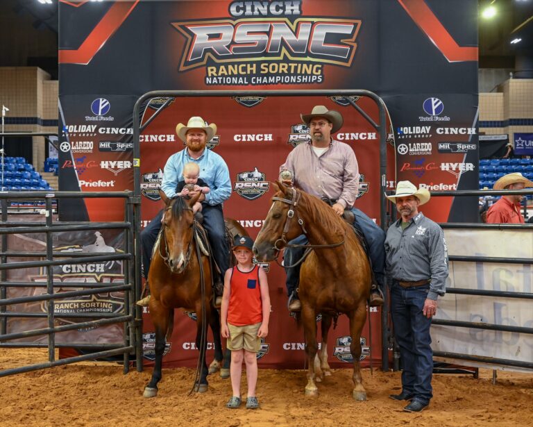 Travis Freiheit and Morgan Flint on horseback at the 2026 Cinch RSNC World Finals Open Sort in Fort Worth