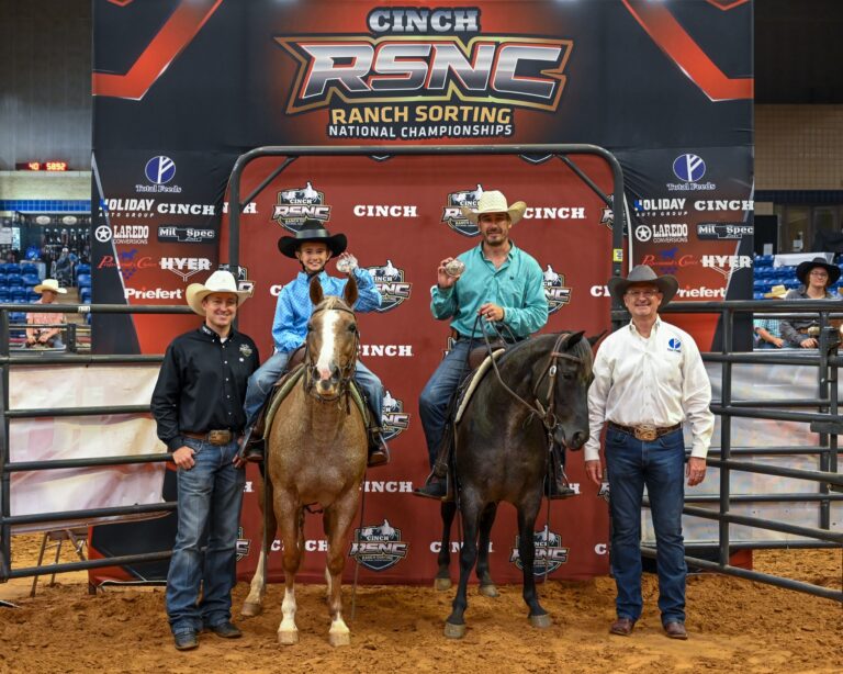 Easton Burns and Joe Burns on horseback at the 2026 Cinch RSNC World Finals #11 Rookie in Fort Worth