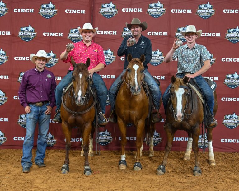 Travis Roberson and Wyatt Erb and Butch Porter on horseback at the 2026 Cinch RSNC World Finals #18 3-Rider 2-Gate in Fort Worth