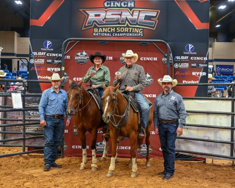 Shelby Cawthon and DeRoy White on horseback at the 2026 Cinch RSNC World Finals #10 Masters Handicap in Fort Worth