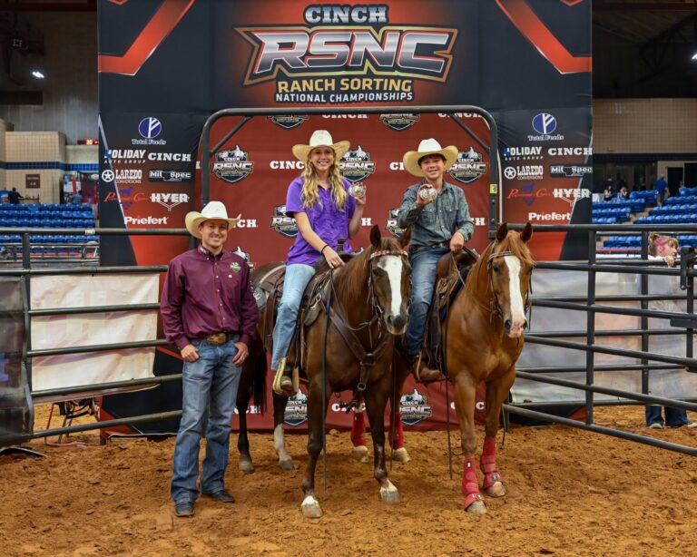 Camden Ellis and Haley Tschickardt on horseback at the 2026 Cinch RSNC World Finals #2 Beginner Sort in Fort Worth