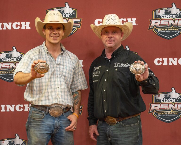 Rodi Torres and Kevin Reese on horseback at the 2026 Cinch RSNC World Finals Open Gold Shootout in Fort Worth