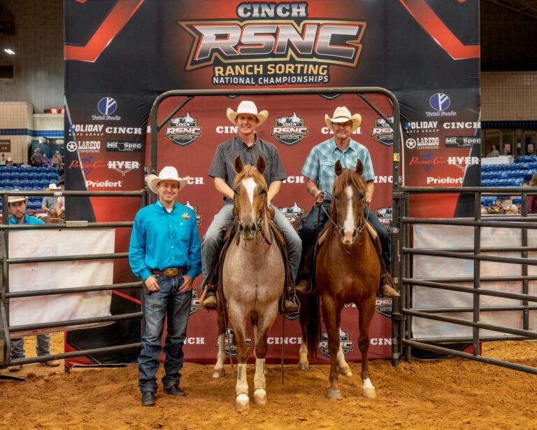 Kris Doornink and Chet Barrett on horseback at the 2026 Cinch RSNC World Finals Lucky Duck in Fort Worth