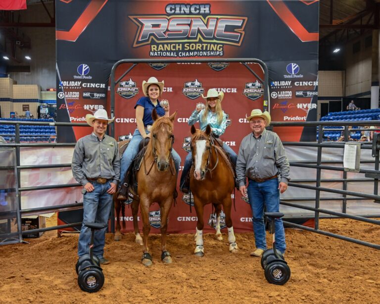 Mandie O’Neil and Clara Mas on horseback at the 2026 Cinch RSNC World Finals #18 HC Rated Youth in Fort Worth