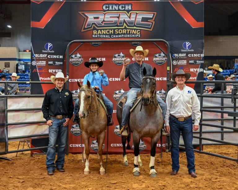 Easton Burns and Brandon Kruger on horseback at the 2026 Cinch RSNC World Finals #10 Youth Beginner Adult Gate in Fort Worth