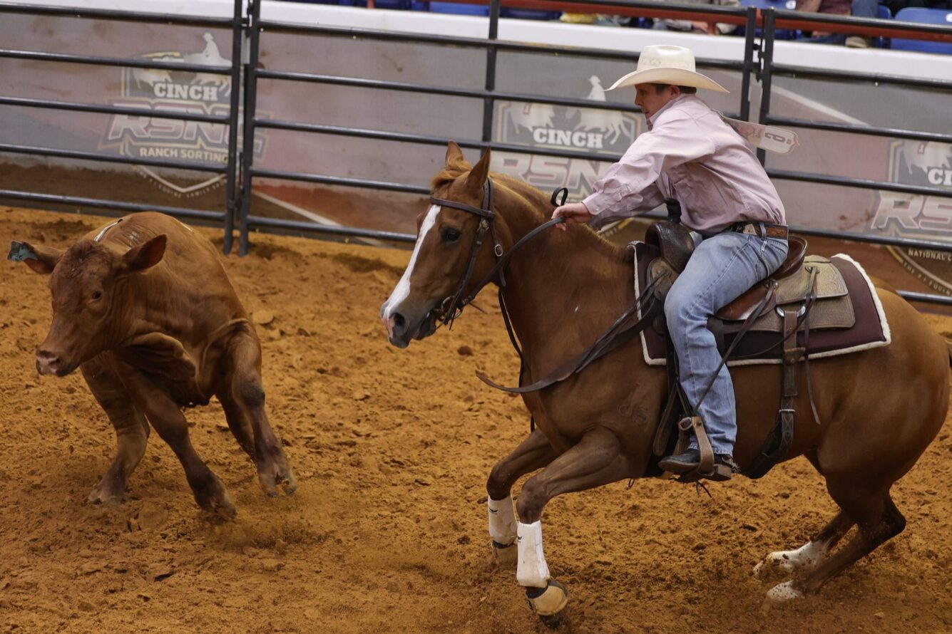 Tanner Keith rides through the herd on his sorrel gelding at the 2026 Cinch RSNC World Finals in Fort Worth